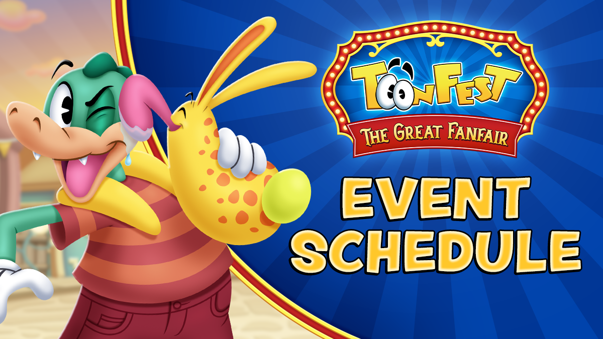 Crocodile with a Doodle next to "ToonFest: The Great Fanfair Event Schedule"
