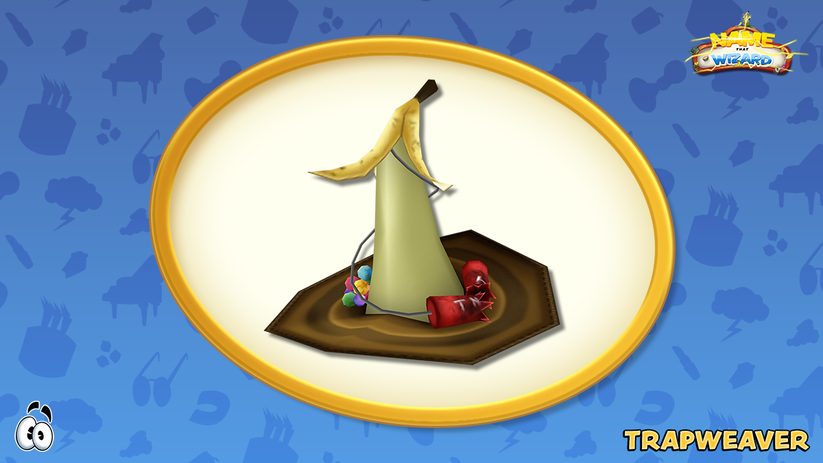 A photo of the Trapweaver wizard hat. The base of the hat is quicksand, adorned with TNT and a banana.