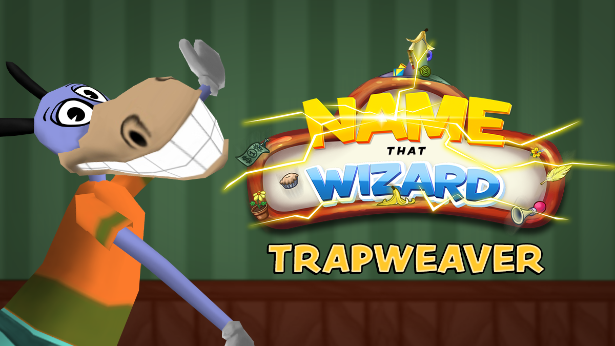 Porter Hole presents the logo for Name That Wizard: Trapweaver. A wizard hat adorns the logo, and sparks are flying around. 