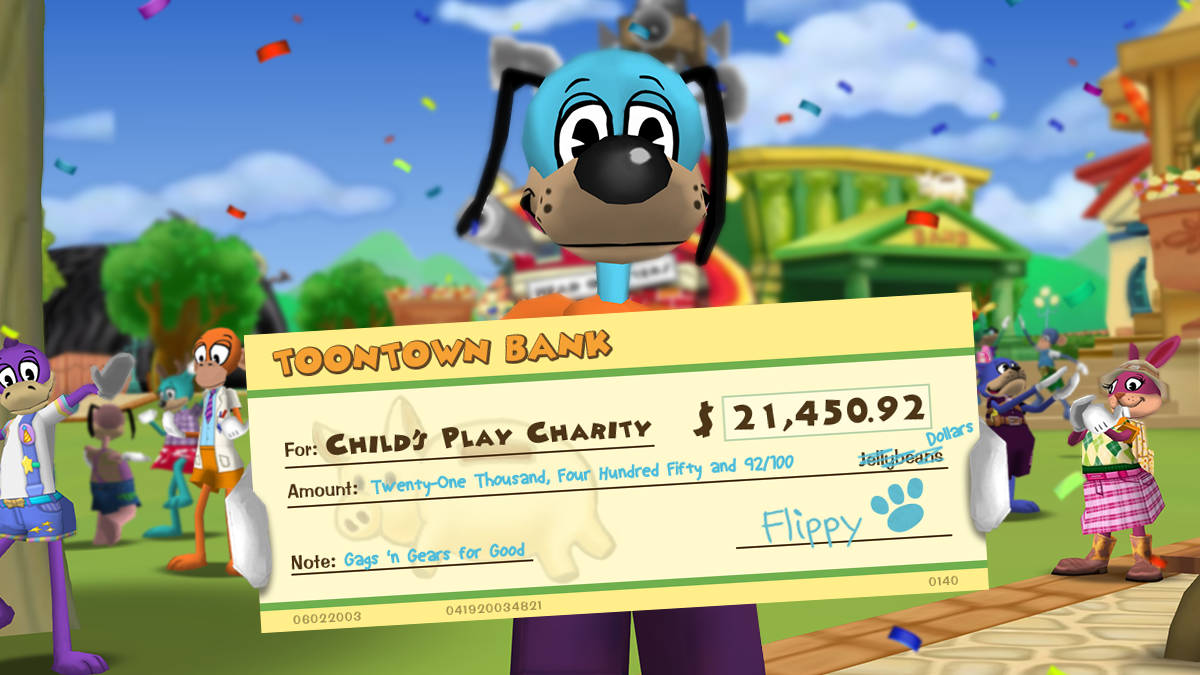 Flippy holds a giant check for Child's Play Charity.