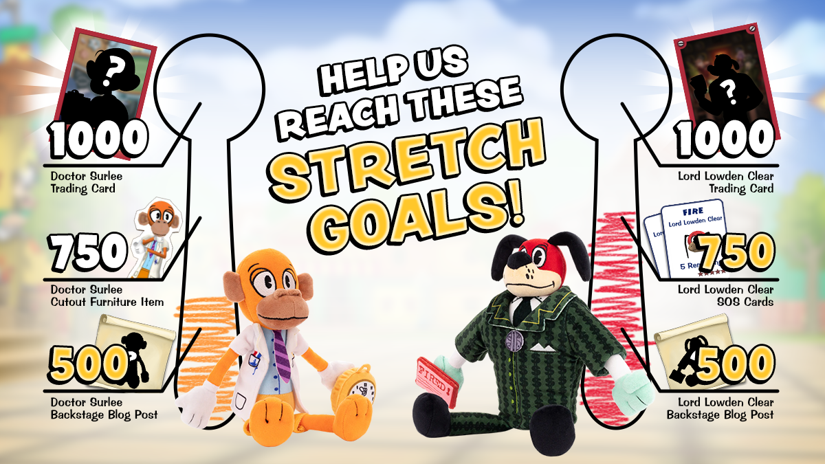 An image featuring two separate thermometers showing progress towards reaching the plushie stretch goals. "Help us reach these STRETCH GOALS!"