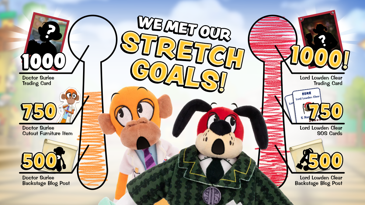An image featuring two separate thermometers showing progress towards reaching the plushie stretch goals. "Help us reach these STRETCH GOALS!"