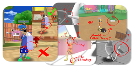 Various notes displaying broken features of the Toontown Online rig.
