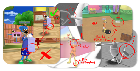 Various notes displaying broken features of the Toontown Online rig.