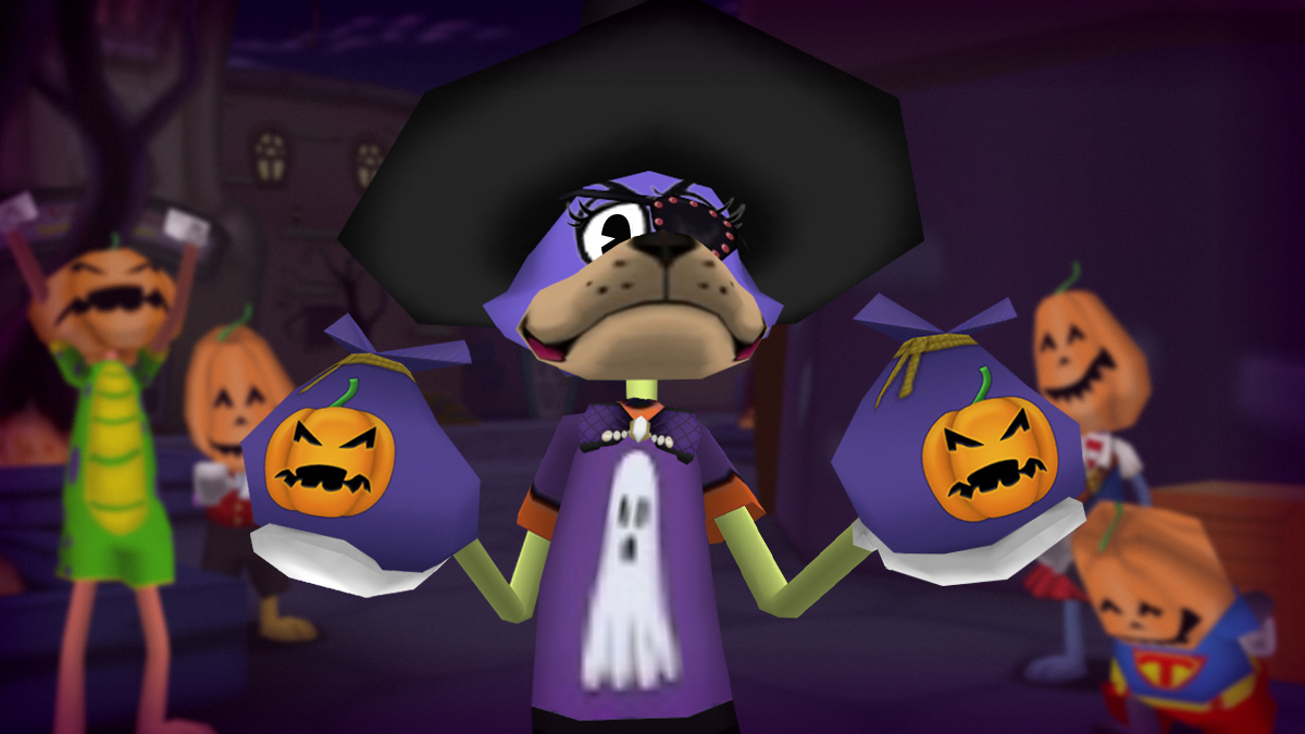 Booregard looks at the screen with a mischievous grin, their eyebrows furrowed, while holding up two Spellbound Bags in both of their hands. In the background, there are pumpkin-headed Toons emoting.