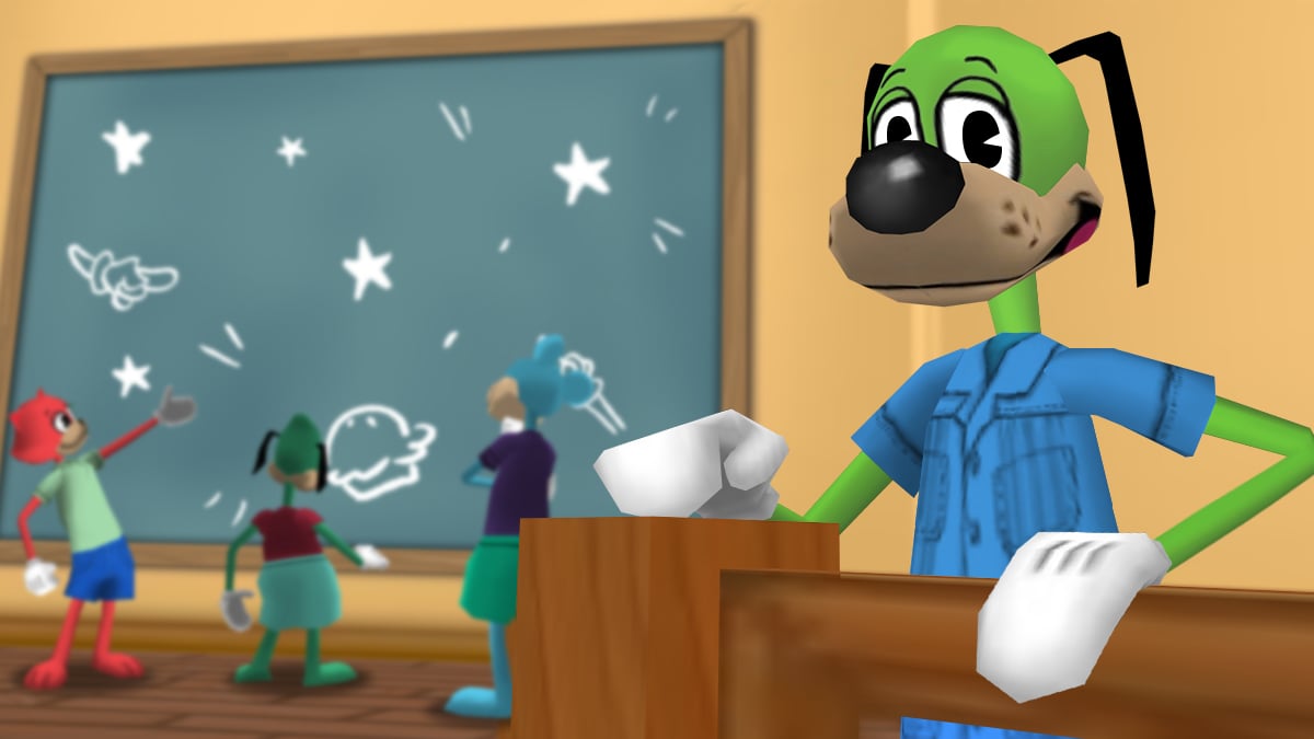 Image: Sir Max, a lime green dog wearing a blue button-up shirt, stands smiling inside of Toon HQ with his hands resting on the edge of the wooden balcony to the right of the dark green chalkboard filled with chalk drawings. Three HQ Officers stand in front of the chalkboard: a bright red cat with her arm outstretched to show off the drawings, a sea green dog looking at a pie drawing, and an aqua bear thinking about what to draw next! Other than a pie, the drawings depict two pointing gloves and five stars scattered around the chalkboard. Scribbles of chalk lines are also scattered around the drawings. The three Toons also ponder over their Toony New Year's resolutions, which they will never fulfill.