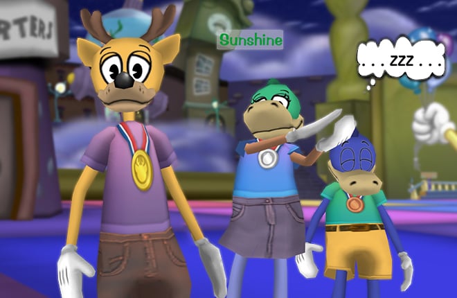 A Deer and two Crocodiles stand proudly with their Laff-o-lympics medals.