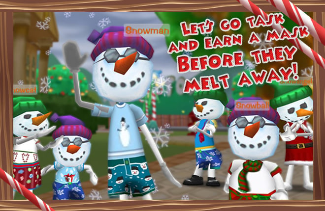 Toontown's Snowtoons line up in a snowy Toontown Central to give out Winter Holiday ToonTasks.