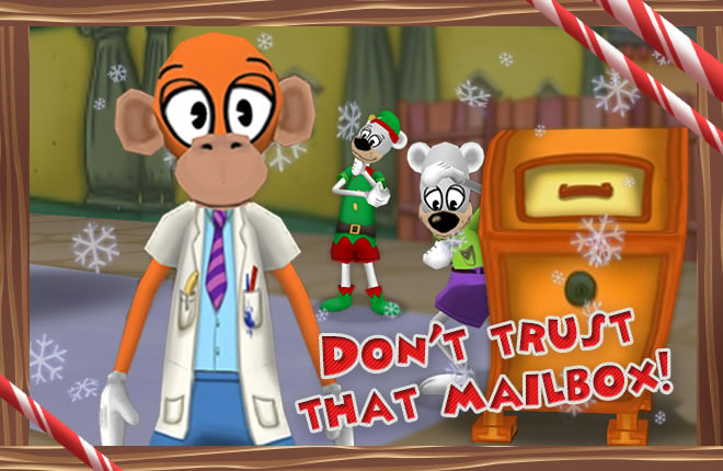 Doctor Surlee stands in Toontorial Street with some Polar Bears on Christmas Eve.