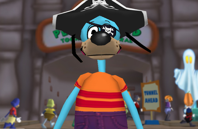 Flippy wears a Pirate Costume on Halloween, with Black Cats running amok behind him.
