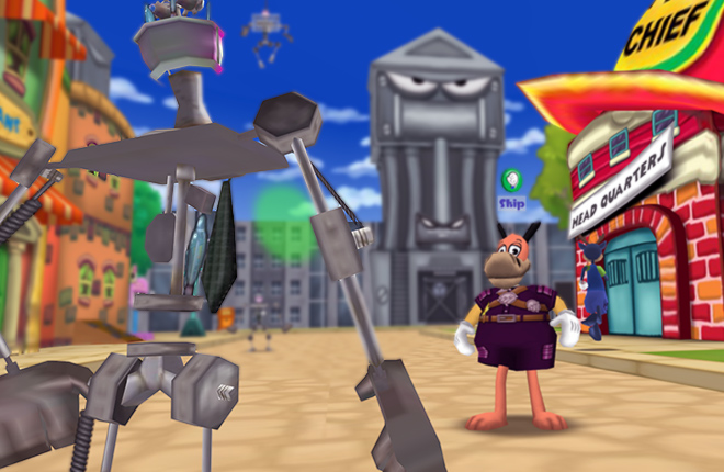 Resistance Ranger Skip fights a Cashbot Skelecog across from Toon HQ.