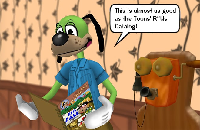 Sir Max reading Clarabelle's Cattlelog, exclaiming, 'This is almost as good as the Toons'R'Us Catalog!'