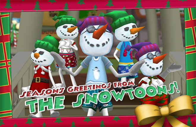 Snowman, Snowball, Snowangel, Snowshoe, Snowcat, and Snowflake standing merrily in Toontown Central. Season's Greetings from the Snowtoons!