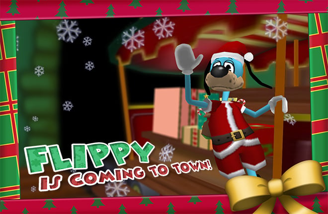 Flippy in a SantaToon outfit on the Trolley. 'Flippy is Coming to Town!'