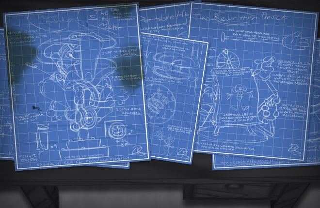 Blueprints scattered on Samantha Spade's desk. The Silly Meter and The Rewritten Device are visible.