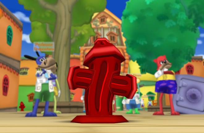 A Fire Hydrant on Silly Street with Professor Prepostera and other Toons waiting for it to move.