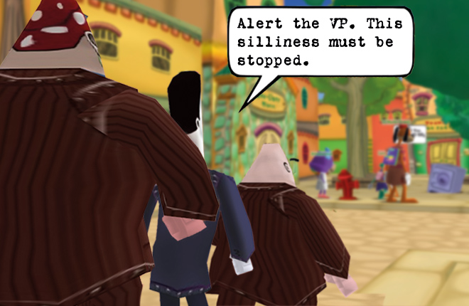 The Cogs look at Toons gathering around Doctor Surlee on Silly Street, saying 'This silliness must be stopped.'