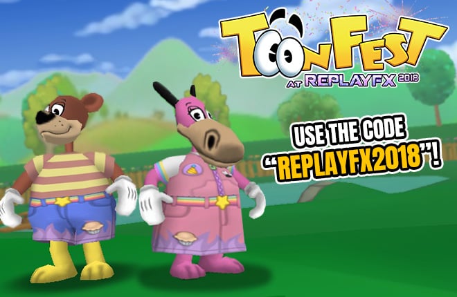 Two Toons showing off the new ReplayFX 2018 clothing item codes.