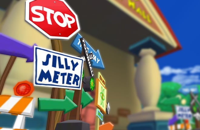 A group of signs outside of Toon Hall are all pointing to the Silly Meter.