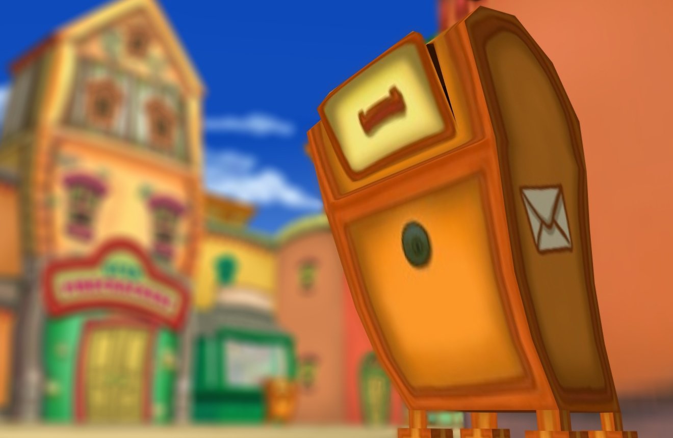 A happy animated mailbox in Toontown Central.