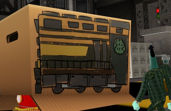 A Downsizer approaches a disguised Trolley box during Operation: Crash Cashbot Headquarters.