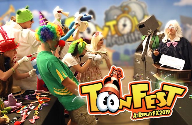 Players are dressed in Toontown Costumes from ToonFest at ReplayFX 2018.