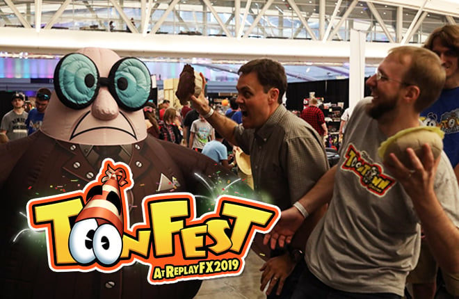 A Toontown Flunky is attacked by Jesse Schell and Shawn Patton at ToonFest at ReplayFX 2018 in the David L. Lawrence Convention Center.