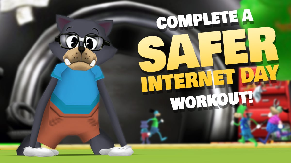 Shockley does push-ups in front of Goofy Speedway. Complete a Safer Internet Day Workout!