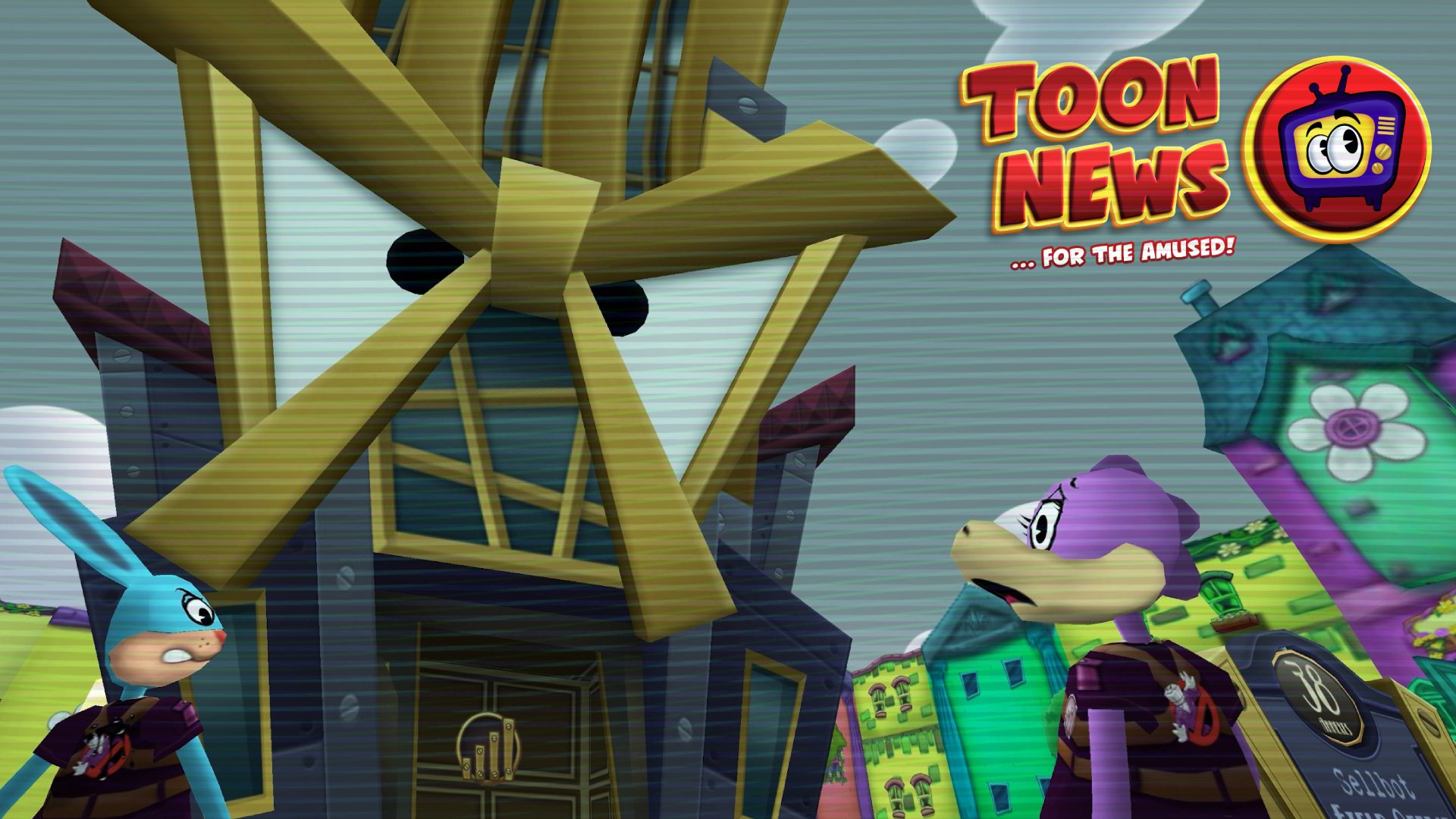 Image: During a Toon News Broadcast, a Sellbot Field Office dropped on Toon HQ!
