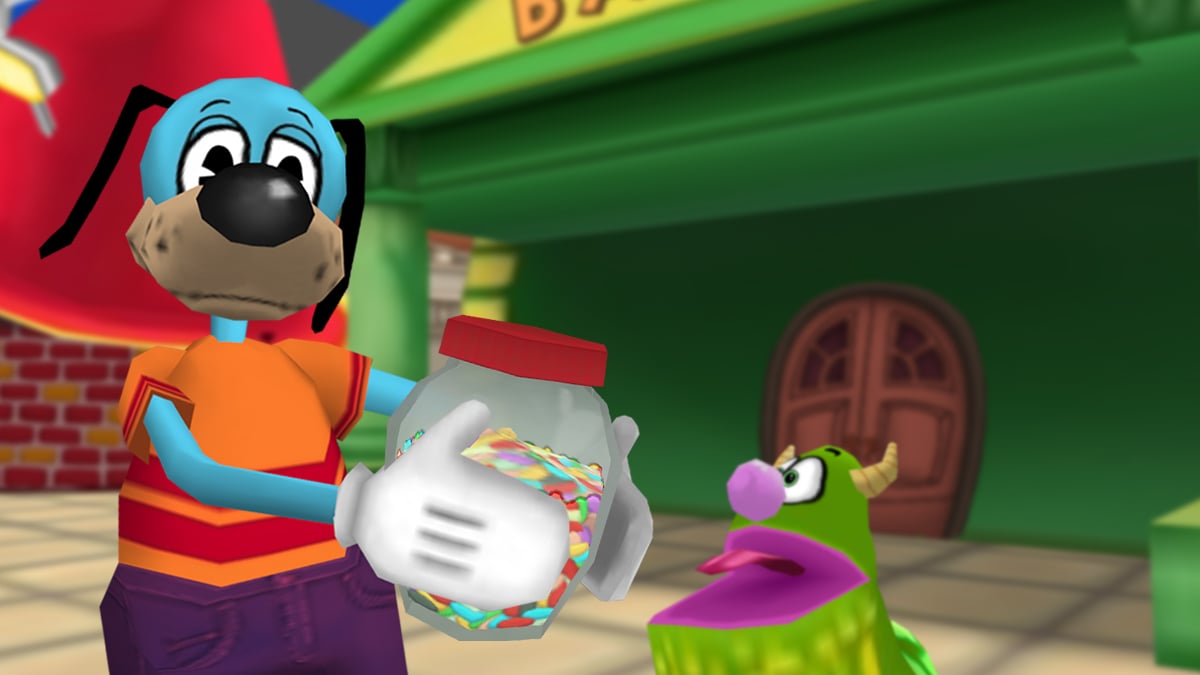 Image: Flippy and his pet Doodle, Fluffy, celebrate Double Beans Day with a jar of jellybeans.