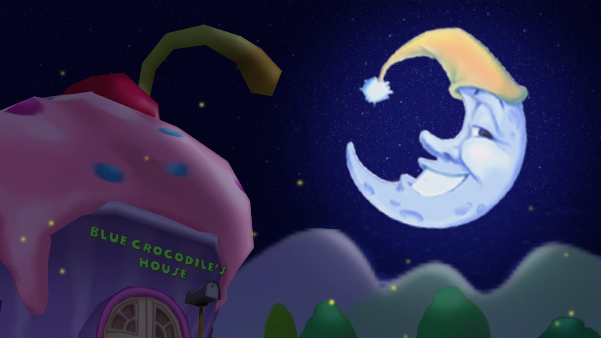 Image: The Moon looks over a Toon Estate with a cupcake themed house.