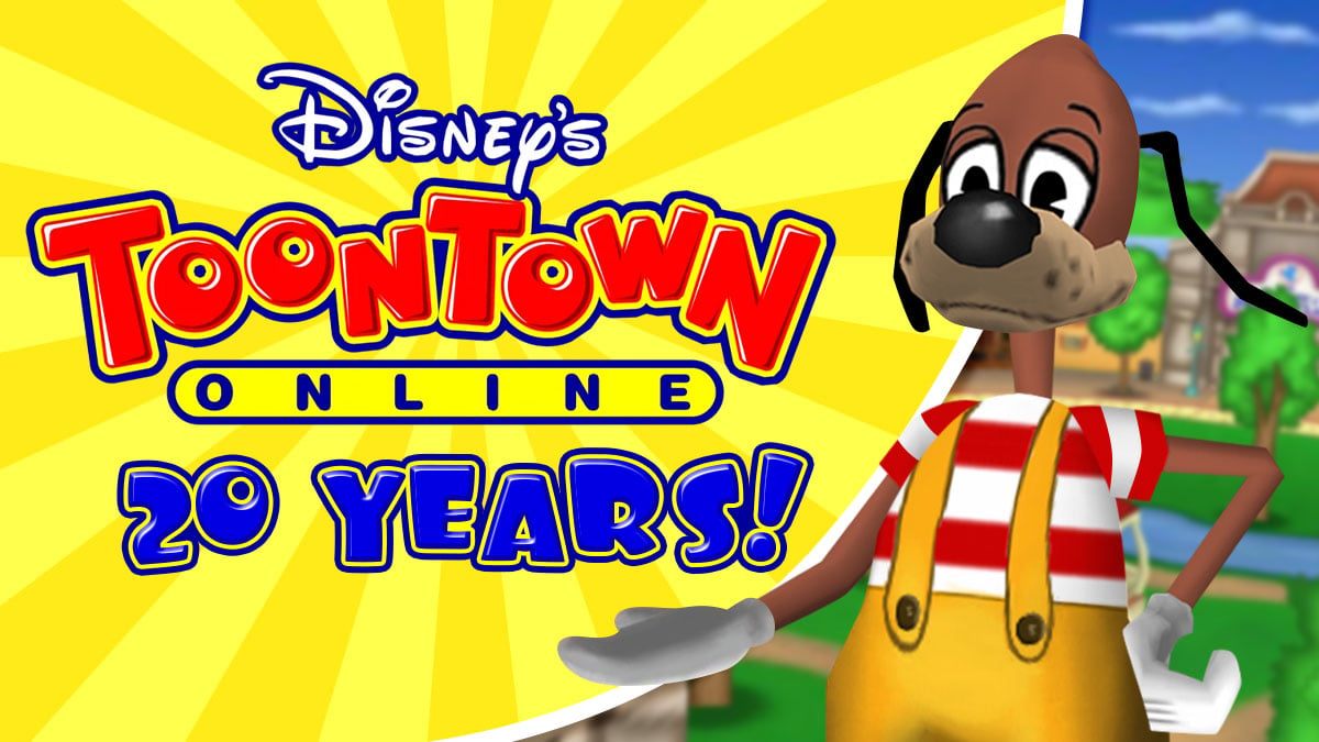Classic Flippy showcasing the original Toontown Online logo while celebrating 20 years since it's beta launch.