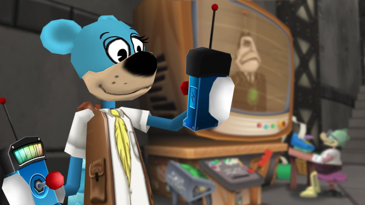 Image: Doctor Googlymoogly looks at a Remote Control held in their right hand with their right eyebrow raised, holding a wrench against their head with their left hand. In the background, the GIMMICK screen displays the interior tunnel of a pipe within the Sellbot Task Force Hideout.