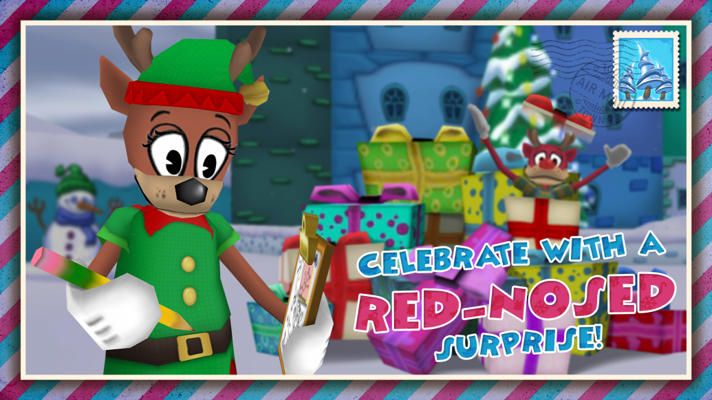 Holly Daze is checking her list twice while a red-nosed Reindeer is behind her in presents!