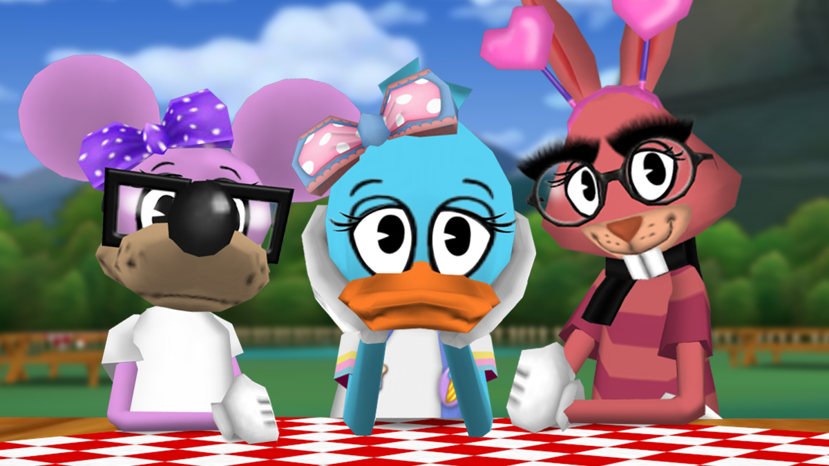 Image: Miss Zany Thunderhopper, Viv, and Bubbles Fizzleflip pose for a picnic photo!