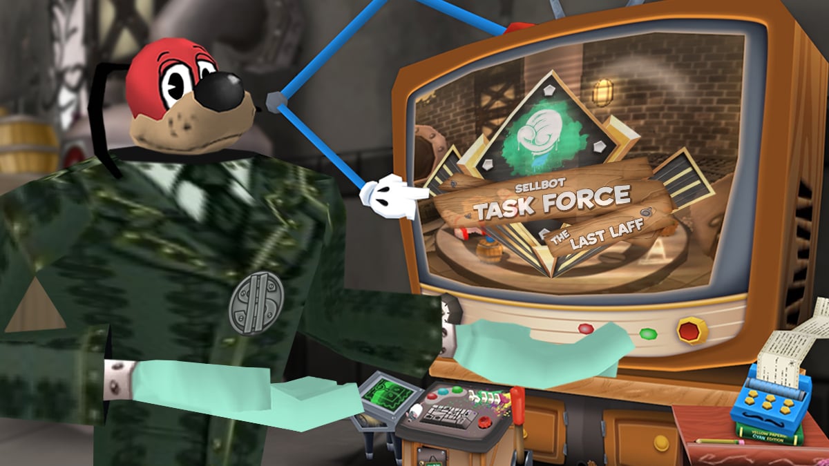 Image: Located in the Sellbot Task Force Hideout, Lord Lowden Clear gestures towards a machine's large television screen, which displays the logo for Sellbot Task Force: The Last Laff.