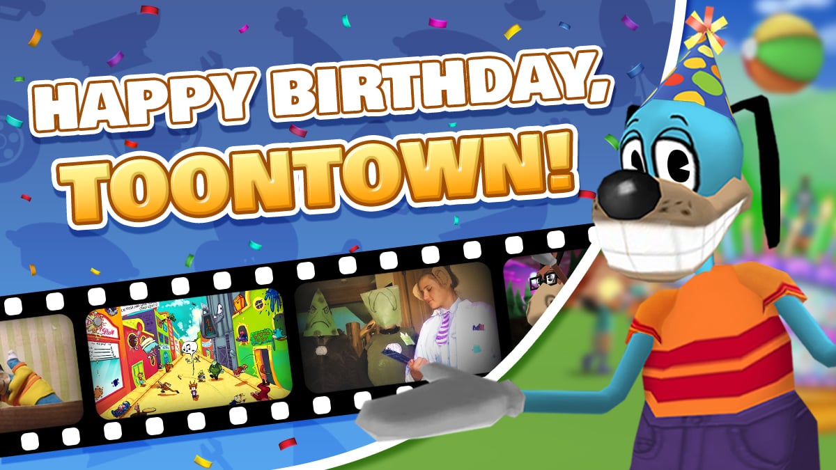 Image: The image states, Happy Birthday, Toontown! Flippy is wearing a birthday hat, and presenting a film reel displaying various pieces of community fan works.