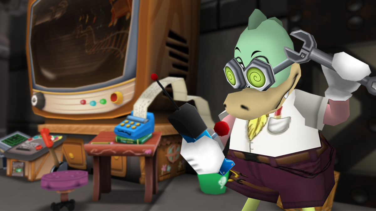 Image: Doctor Googlymoogly looks at a Remote Control held in their right hand with their right eyebrow raised, holding a wrench against their head with their left hand. In the background, the GIMMICK screen displays the interior tunnel of a pipe within the Sellbot Task Force Hideout.