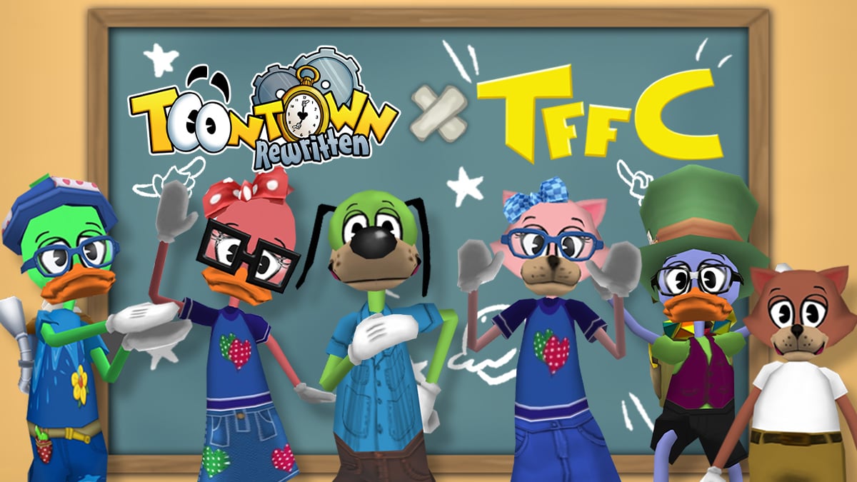 Image: The Toontown Rewritten logo is next to the ToonFest for Charity logo on a chalkboard, with six Toons standing in front of it.