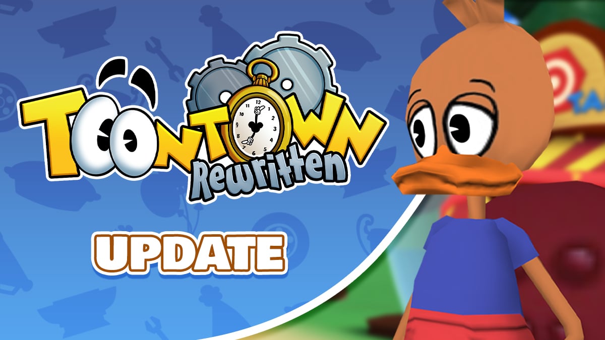 Image: Cleff sitting with the words 'Toontown Rewritten: Update' to the side of him.