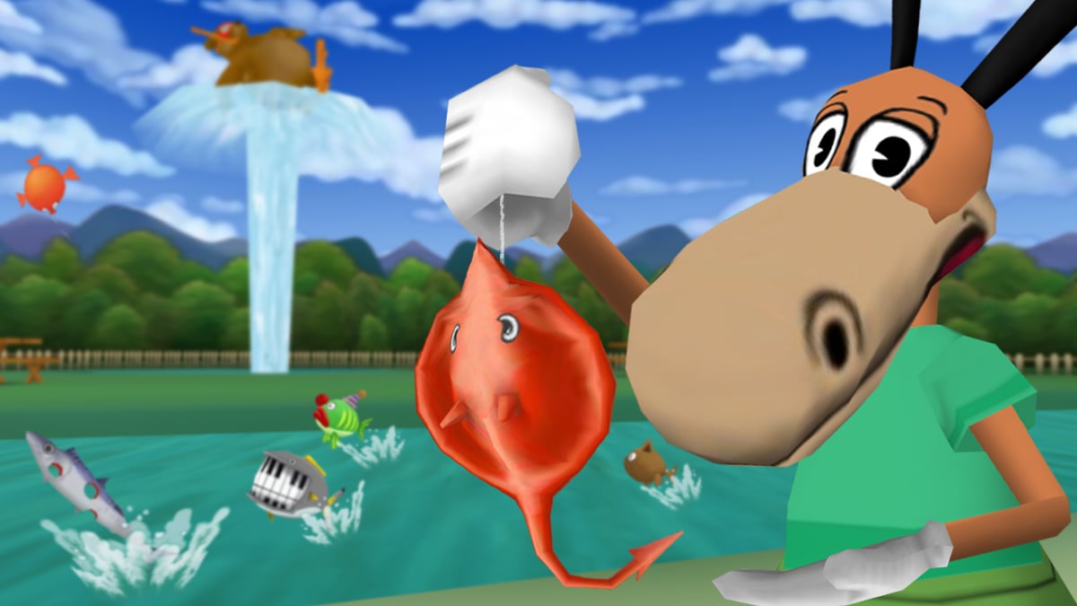 Image: Standing next to the river in Acorn Acres, Captain Melville proudly holds up a Devil Ray he's caught! A Holey Mackerel, a Clown Fish, a Piano Tuna, and a Cat Fish are splashing and jumping out of the water as they migrate to their new home, while a Balloon Fish deflates and flies into the air. In the background, a Bear Acuda relaxes atop the Acorn Acres geyser.