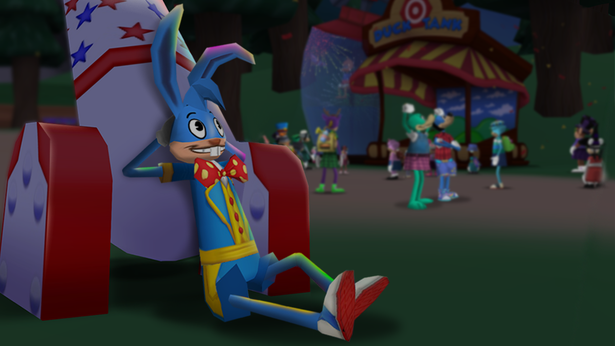 Image: Riggy Marole watching the fireworks in the foreground. A group of stylish Toons are running around behind him.