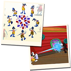 Image: Image: Two Polaroid images are shown. The left image depicts Tim and Flippy doing the Happy Dance. The right image depicts Tim with no color, using a Seltzer Bottle on a Cog in Donald's Dock.