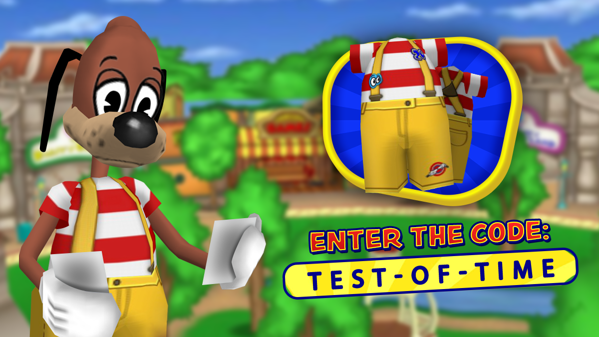 Image: Tester Tim holds two photos, looking down at them fondly. The new Outstanding Outfit is shown to the right along with the code to redeem it, which is test dash of dash time.