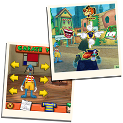 Image: Two Polaroid images are shown. The left image depicts Tester Tim standing in Make A Toon. The right image depicts an early concept for accessing Friends, Chatting, Shticker Books, and Gags. Tester Tim is shown in the background as a duck.