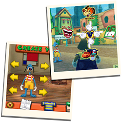 Image: Two Polaroid images are shown. The left image depicts Tester Tim standing in Make A Toon. The right image depicts an early concept for accessing Friends, Chatting, Shticker Books, and Gags. Tester Tim is shown in the background as a duck.