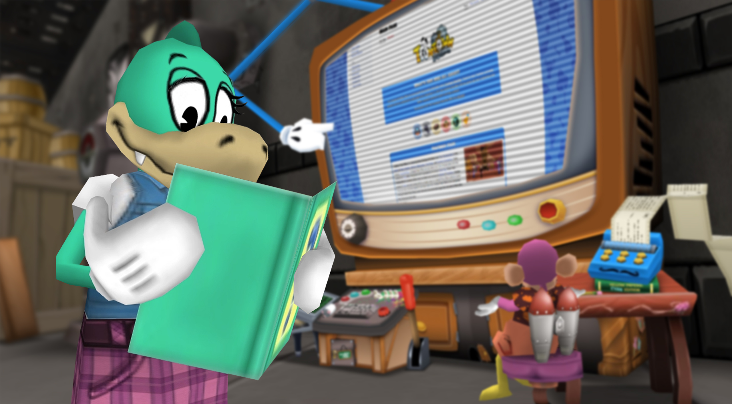A Crocodile looking at her Shtickerbook as the new Toontown Rewritten Wiki page is in the background.