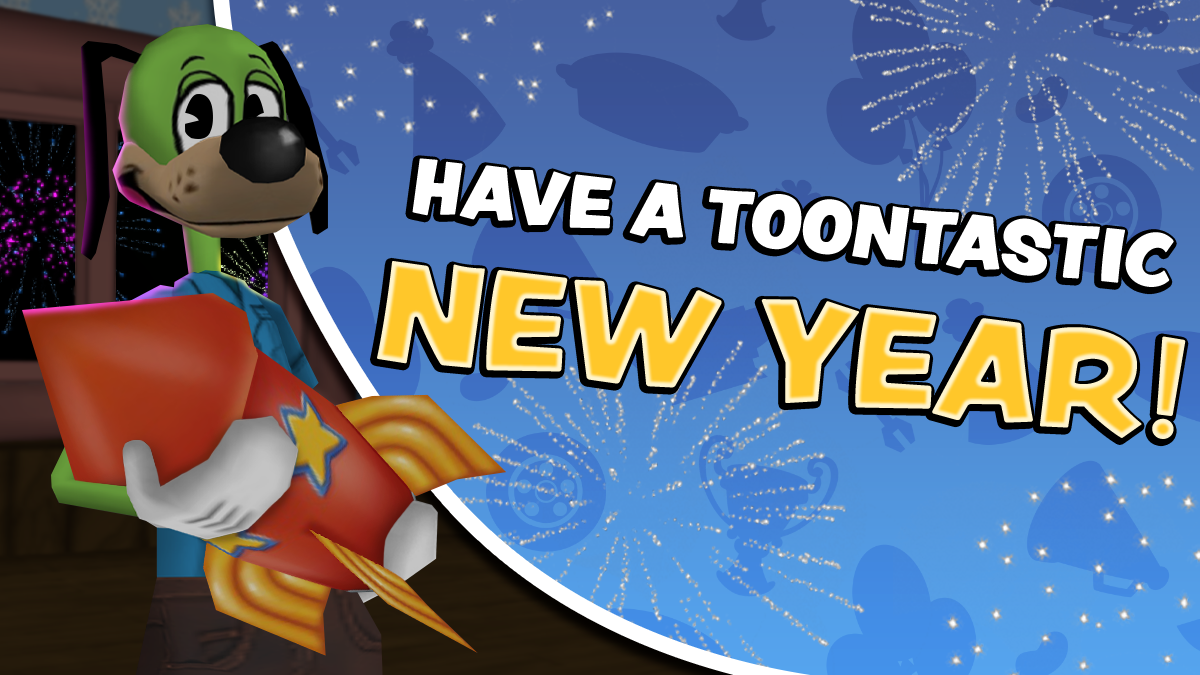 Sir Max holding a firework next to the text that reads Have a Toontastic New Year!