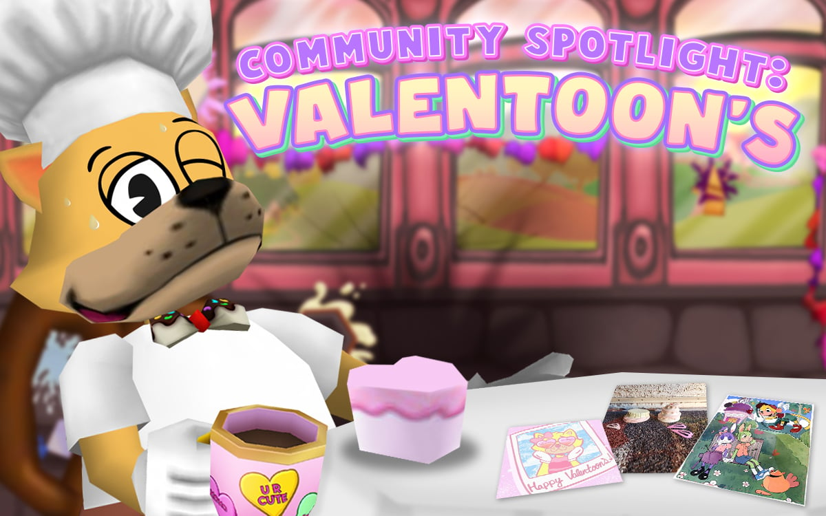 Image: Chef Fritz holds a mug that says 'U R Cute', and has a heart-shaped cake with various bits of ValenToons fan art.