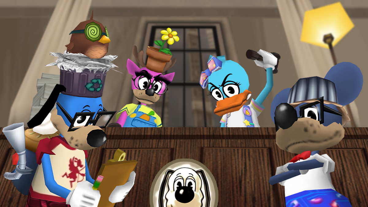 Image: Miss Zany Thunderhopper, Prosody, Azure Micetro, and Lindsay are ruling the courtroom.
